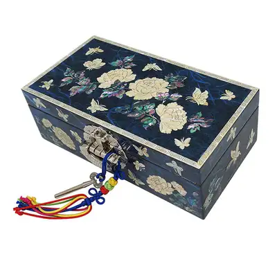 Rectangular Size 7 Single-Tier Locking Jewelry Box - Peony Blue