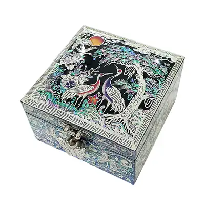镂空正方形螺钿漆器珠宝盒 松鹤 黑色
