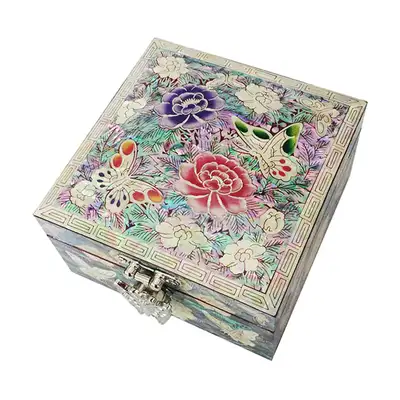 透雕正方形螺钿漆器珠宝盒 牡丹 红色