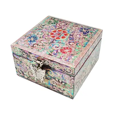 Openwork Square Mother-of-Pearl Lacquer Jewelry Box with Scroll Pattern in Red
