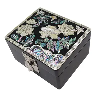 Lacquered Crane Tortoise Jewelry Box with Peony Design in Black