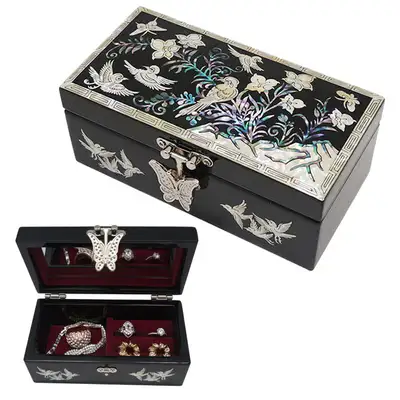 Lacquerware Hand-Rolled Jewelry Box with Flowers and Birds - Black