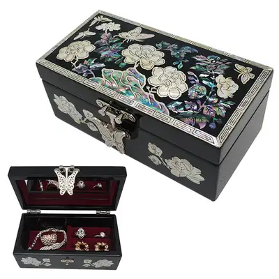 Lacquerware Straight-Rolled Jewelry Box Peony Black