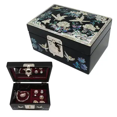 Lacquerware Jewelry Box Large Bird and Flower Black