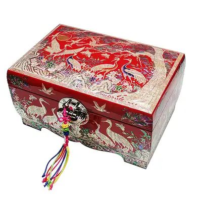 Openwork Round No. 8 Two-Tier Jewelry Box - Pine and Crane (Red)