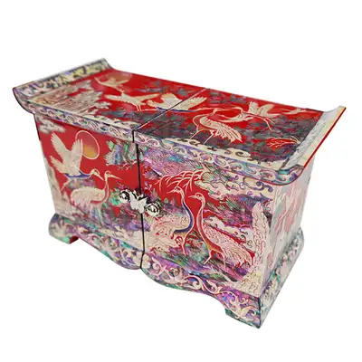 Scholar's Dual-Compartment Jewel Box (Medium) - Crane and Pine (Red)