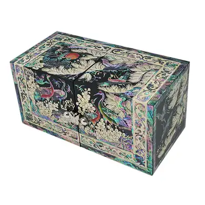 [Pierced] Double-Lid Box (Medium) - Rectangular Crane Design (Black)