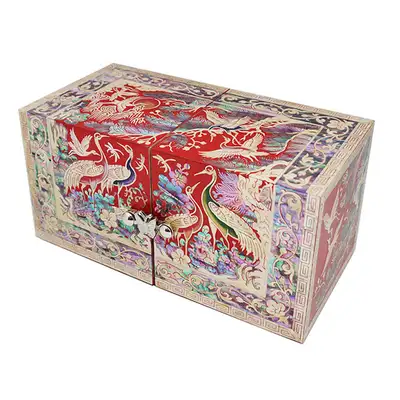 [Openwork] Dual-Lid Box (Medium) - Crane and Pine with Square Border (Red)
