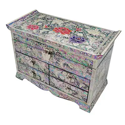 Openwork Scholar 4-Drawer Jewelry Box with Peony Pattern in Black