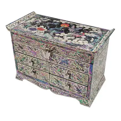 Openwork Four-Drawer Jewelry Box with Pine and Crane Design in Black
