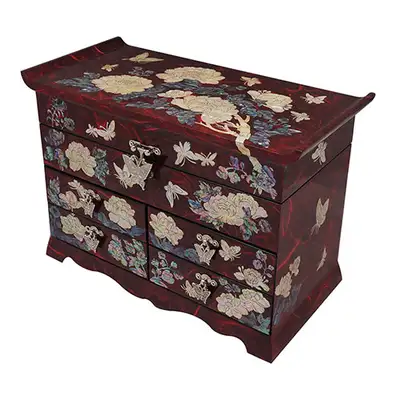 Hanji Scholar 4-Drawer Jewelry Box with Peony Pattern in Red