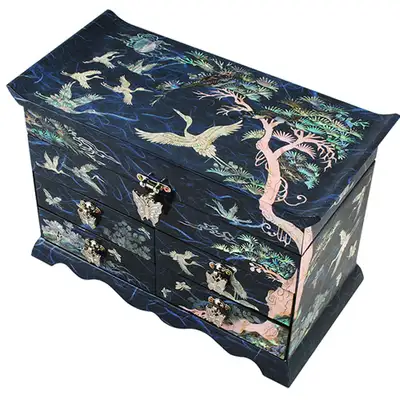 Hanji Scholar 4-Tier Drawer Jewelry Box with Crane and Pine in Blue