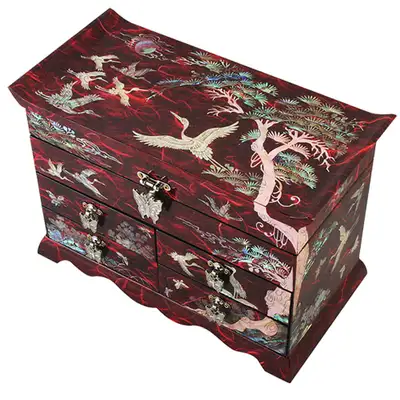 Hanji Scholar 4-Drawer Jewelry Box with Pine and Crane - Red