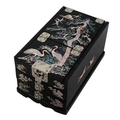Lacquerware Jewelry Box (Large) - Pine and Crane (Black)