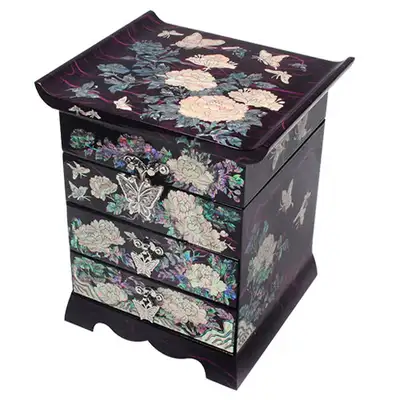 Hanji Scholar 3-Drawer Mother-of-Pearl Jewelry Box with Peony Pattern