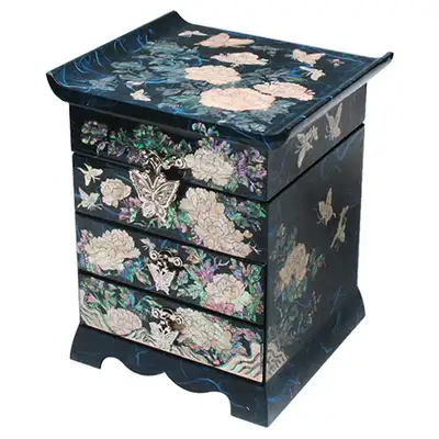 Hanji Scholar 3-Drawer Jewelry Box - Peony Blue