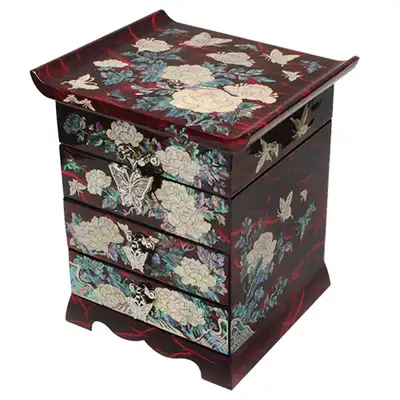 Hanjeong Scholar 3-Drawer Jewelry Box - Peony Red