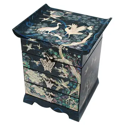 Hanji Scholar Style 3-Tier Drawer Jewelry Box - Pine and Crane in Blue