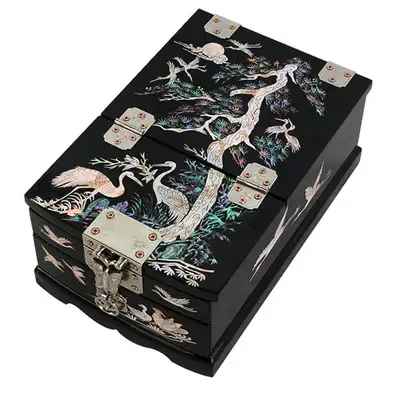 Lacquerware Jewelry Box (Medium) - Pine and Crane Design (Black)