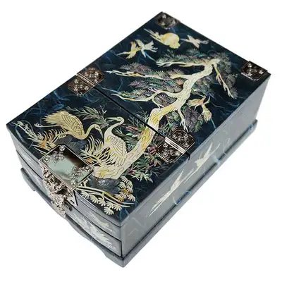 Gyeongdae Jewelry Box (Medium) - Cranes and Pine (Hanji Blue)