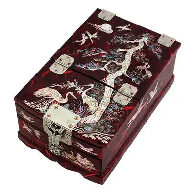 Crane and Pine Mother-of-Pearl Lacquer Mirror Jewelry Box (Medium) - Hanji Red