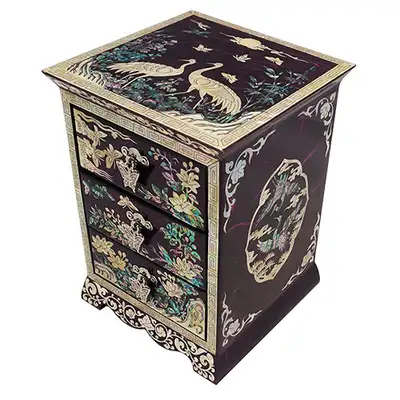 Diagonal Three-Drawer Mother-of-Pearl Jewelry Box with Crane Design