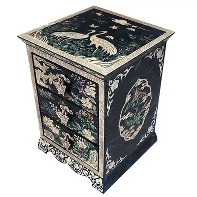 Diagonal 3-Drawer Mother-of-Pearl Jewelry Box with Crane Motif (Blue)
