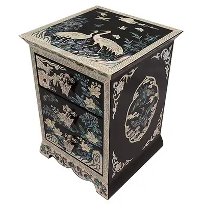 Diagonal 3-Drawer Jewelry Box with Pine and Crane Inlay (Black)