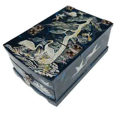 Small Mirror Jewelry Box - Crane Motif (Hanji Blue)