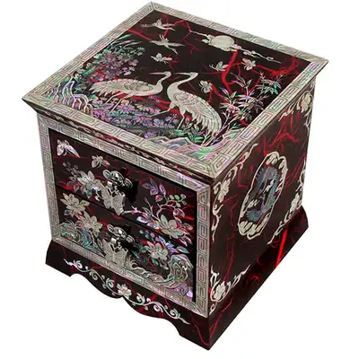 Diagonal Two-Drawer Jewelry Box with Pine and Crane Mother-of-Pearl Inlay in Red