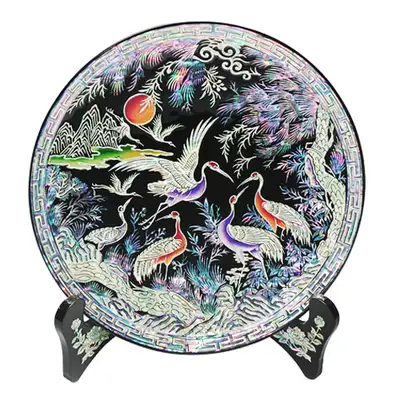 Mini Round Tray with Pine and Crane - Black