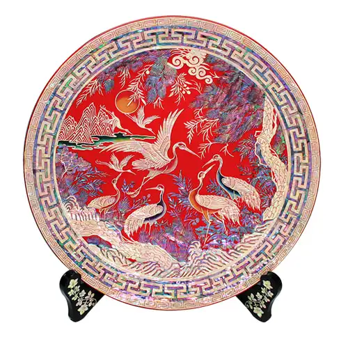 圆形托盘 大号 松鹤 红色