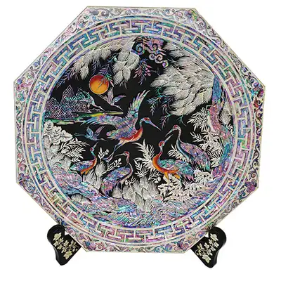 Octagonal Tray Large Crane Mother-of-Pearl Black