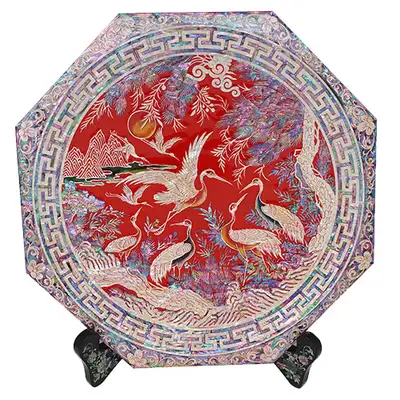 Octagonal Lacquered Tray with Pine and Crane Design, Red