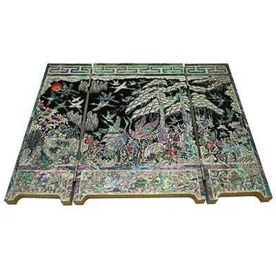 Three-Panel Folding Screen with Ten Symbols of Longevity - Black