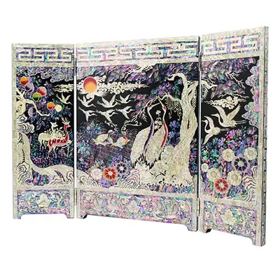 Three-Panel Folding Screen Large Ten Symbols of Longevity Black