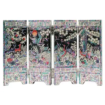 4-Panel Folding Screen Small Ten Symbols of Longevity Black