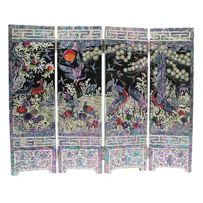 Four-Panel Screen Large Ten Symbols of Longevity Black