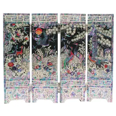 Four-Panel Screen with Ten Symbols of Longevity in Black