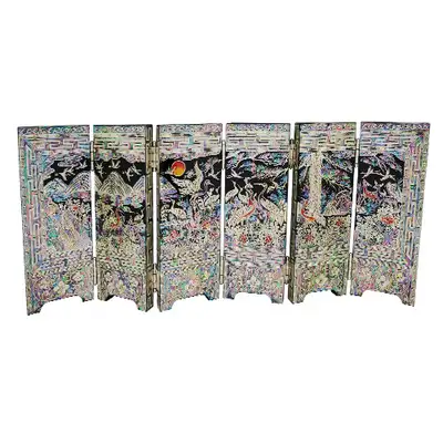 6-Panel Folding Screen Small Ten Symbols of Longevity Black