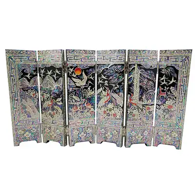 6-Panel Screen with Ten Symbols of Longevity in Black