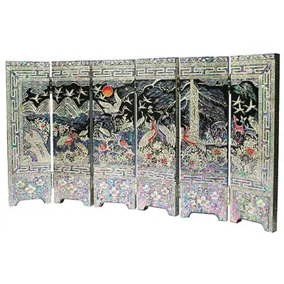 6-Panel Folding Screen - Ten Longevity Symbols Black