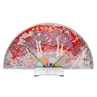 [Cultural Heritage Reproduction] Fan-Shaped Folding Screen Small Ten Symbols of Longevity Red