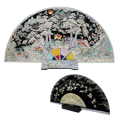 [Cultural Heritage Reproduction] Large Fan Screen - Ten Symbols of Longevity Black