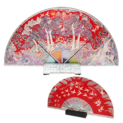 [Cultural Heritage Reproduction] Large Fan Folding Screen - Ten Symbols of Longevity Red