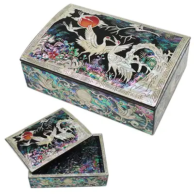 Separated Inlaid Lacquerware Business Card Box Medium Crane 1 Black