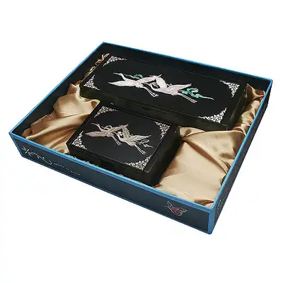 Integrated Business Card and Pen Holder Set in Black with Cloud and Crane Design