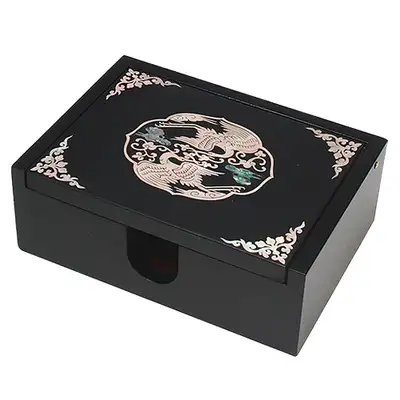 Integrated Business Card Holder Black with Crane and Pine Pattern