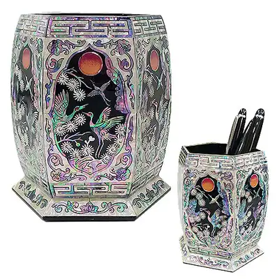 Premium Mother-of-Pearl Hexagonal Pen Holder with Crane and Pine Pattern in Black