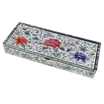 Integrated Royal Mother-of-Pearl Inlaid Brush Holder with Peony Flower Design, Black
